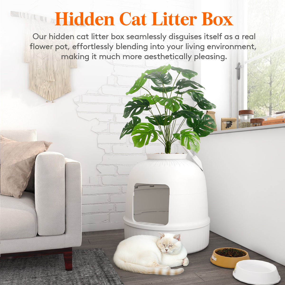 White Hidden Litter Box with Faux Plants and Shovel Lifewit Lifewitstore