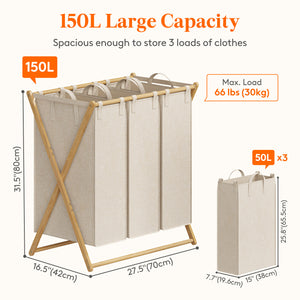 Lifewit 150L Foldable Laundry Basket 3 Section, Large Bamboo X-Frame Laundry Basket Sorter Gray