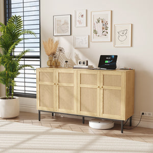 Lifewit Rattan Sideboard with Power Socket, 4 Doors, Natural