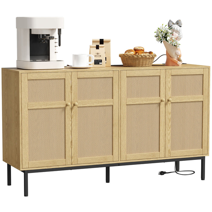 Lifewit Rattan Sideboard with Power Socket, 4 Doors, Natural