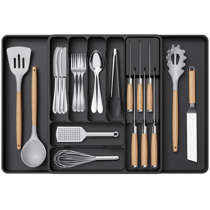 Lifewit Large Black Kitchen Drawer Silverware Organizer with Removable Knife Holder Expandable Cutlery Tray for Kitchen Drawer