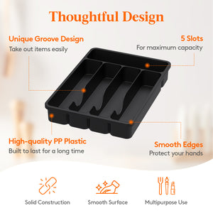 Lifewit Cutlery Drawer Organizer Tray for Spoon Fork Knife Cutlery, 5 Compartments, Black