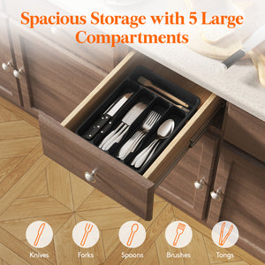 Lifewit Cutlery Drawer Organizer Tray for Spoon Fork Knife Cutlery, 5 Compartments, Black