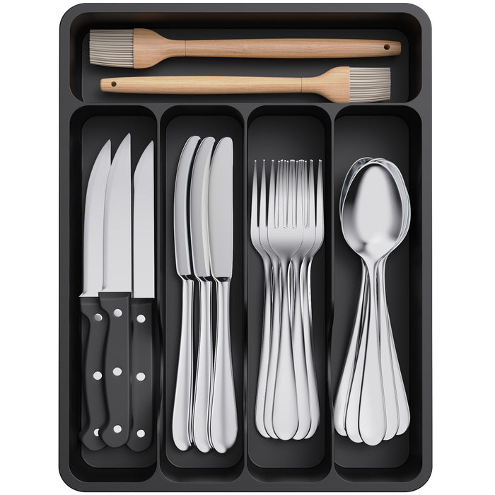 Lifewit Cutlery Drawer Organizer Tray for Spoon Fork Knife Cutlery, 5 Compartments, Black