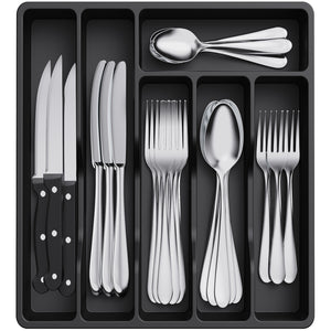 Lifewit Cutlery Drawer Organizer Tray for Spoon Fork Knife Cutlery, 5 Compartments, Black