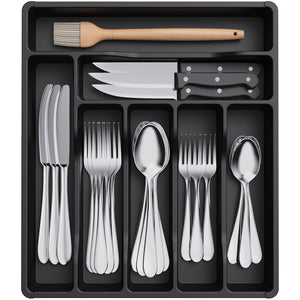 Lifewit Cutlery Drawer Organizer Tray for Spoon Fork Knife Cutlery, 5 Compartments, Black