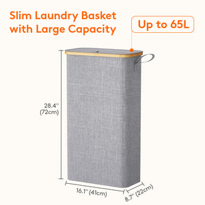 Lifewit 65L Grey Ultra-thin Laundry Hamper with Lid, Narrow Foldable Laundry Hamper