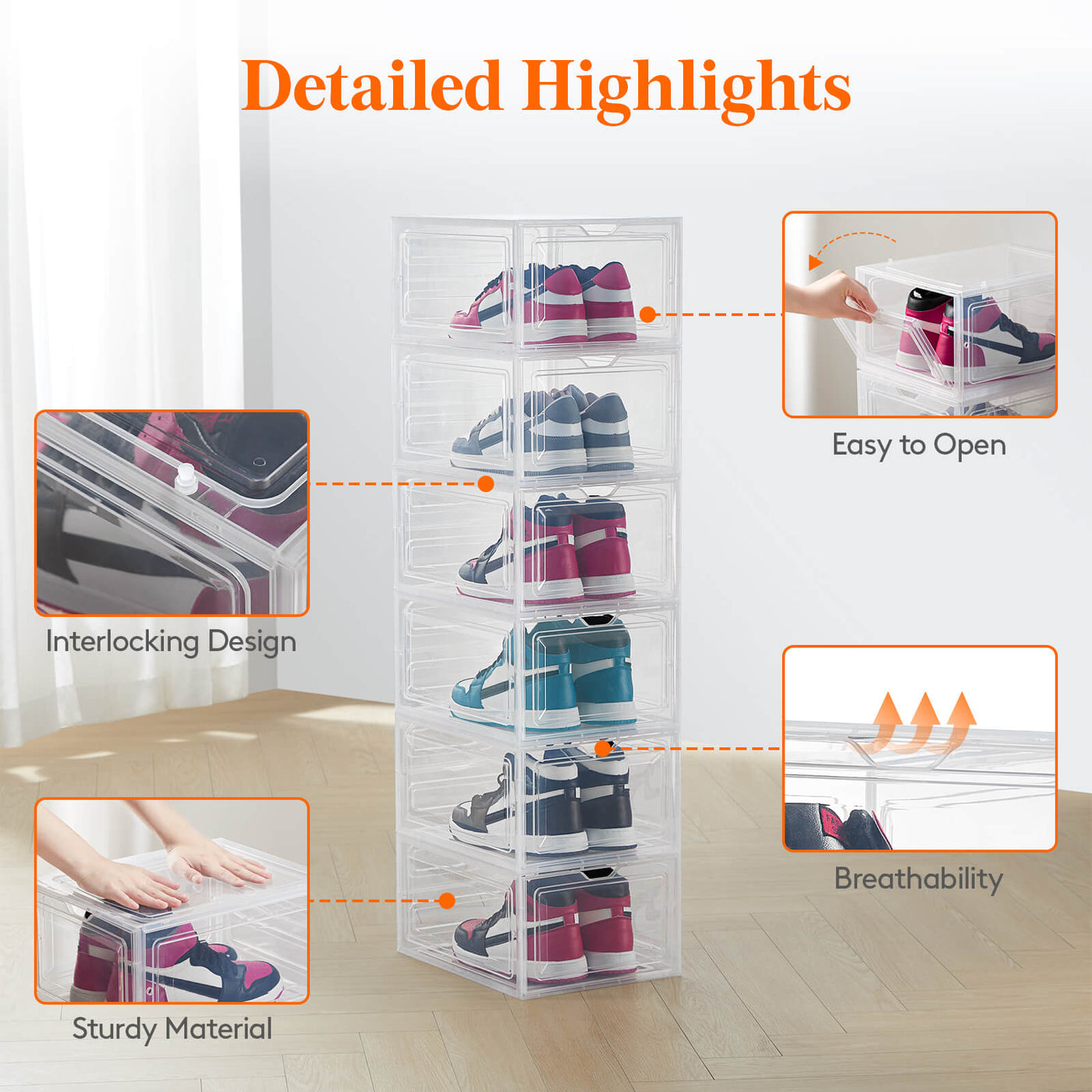 12 Pack Shoe Storage Boxes, Clear Plastic Stackable Shoe Organizer Bins,  Drawer Type Front Opening Shoe Holder Containers 