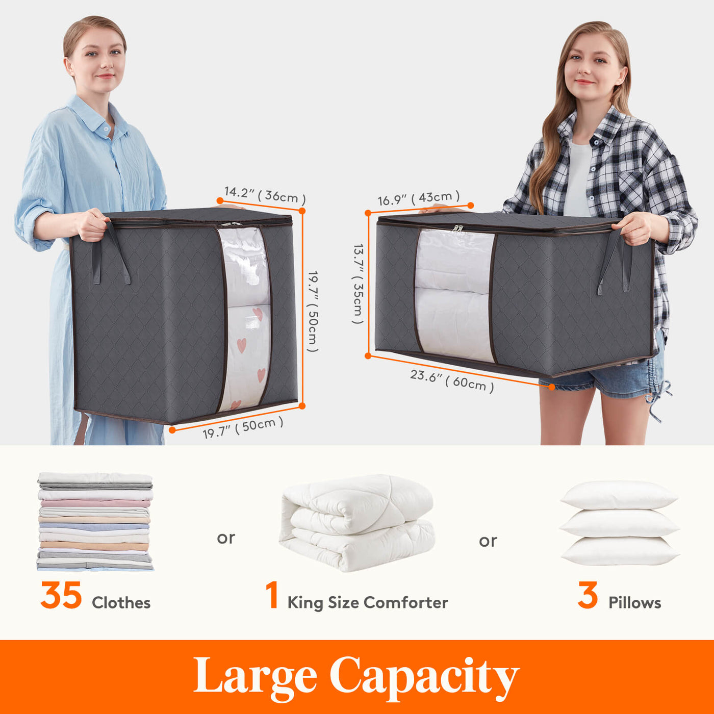 Lifewit Large Capacity Clothes Storage Bag Organizer with Clear Window & Handle, 90L 3 Pack, Grey