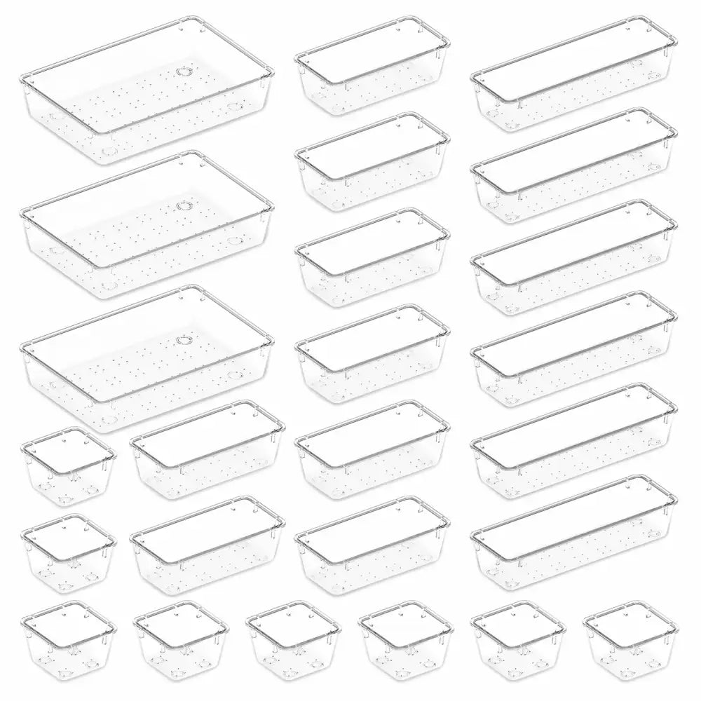 FRANIKAI 25 PCS Clear Plastic Drawer Organizer Set with 4 Sizes, Vanit