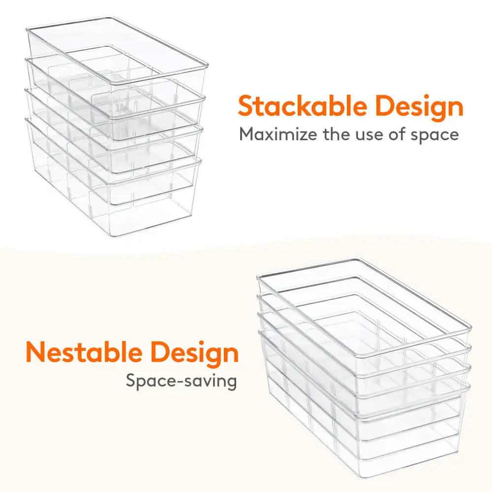 wilfox Pantry Organizer, 5 Pack Clear Organizer Bins with Removable  Dividers, Pantry Organizers and Storage, Fridge Organizer and Cabinet  Organizer